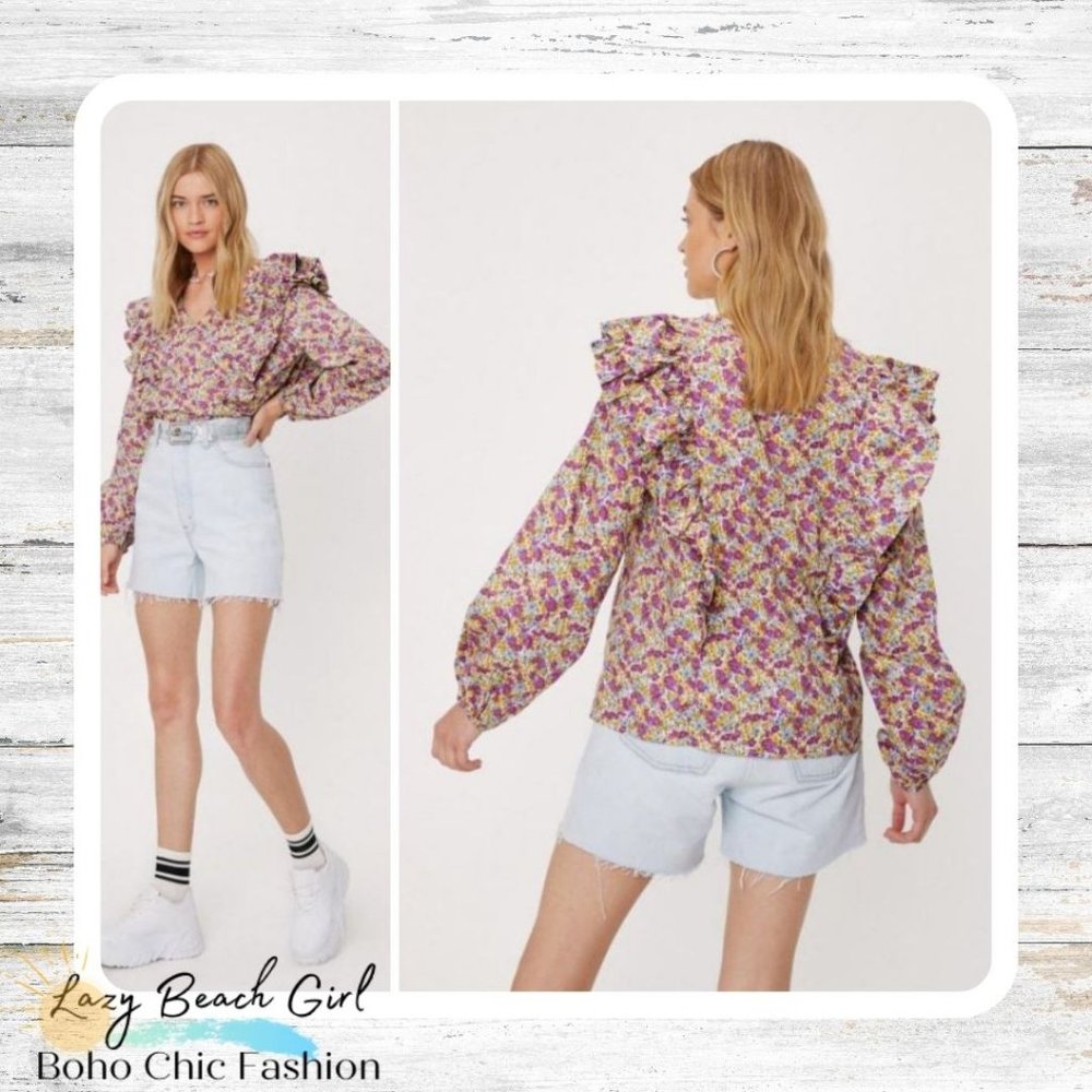 Floral Print V Neck Ruffle Puff Sleeve Blo…